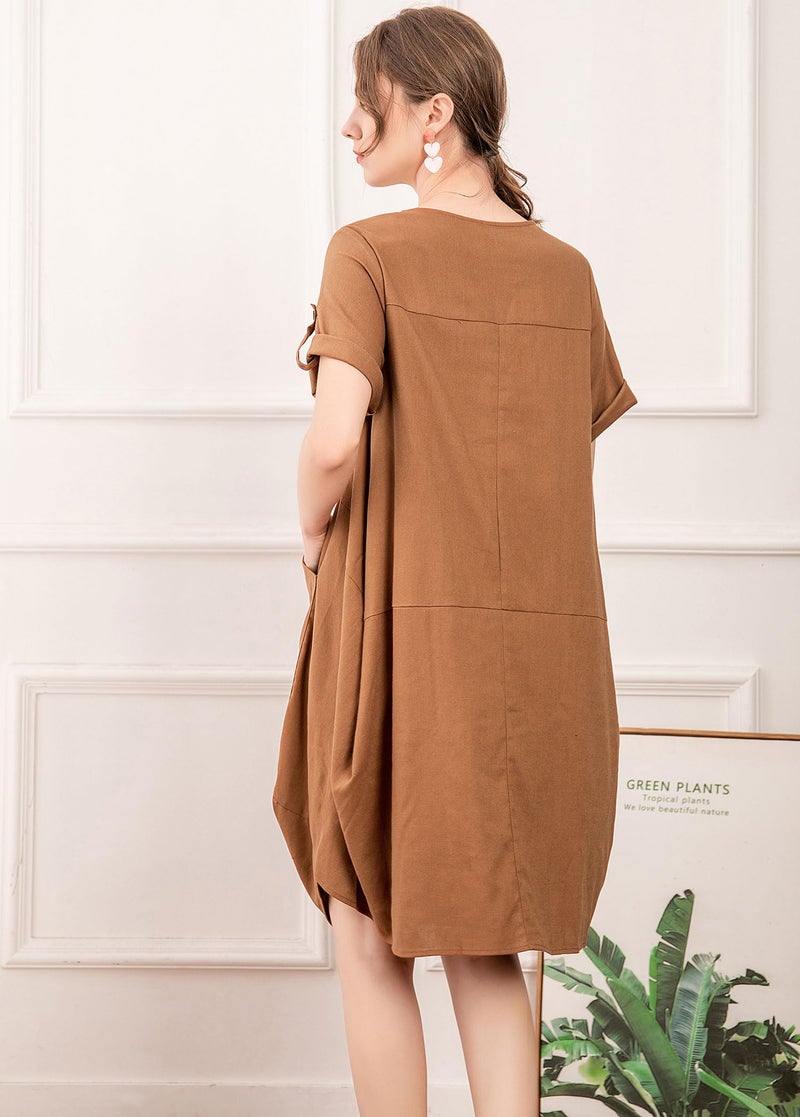 Minibee Women's Ruffle Oversize Casual Midi Dresses with Pockets Brown M - Image 3